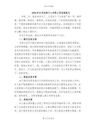 2024年公司出纳个人年终工作总结范文