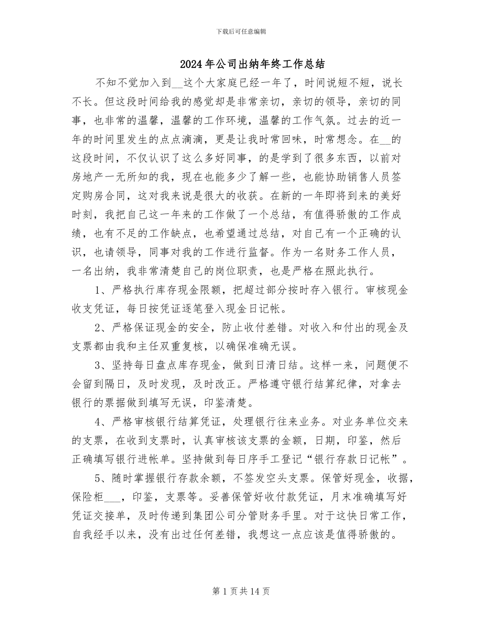 2024年公司出纳年终工作总结_第1页