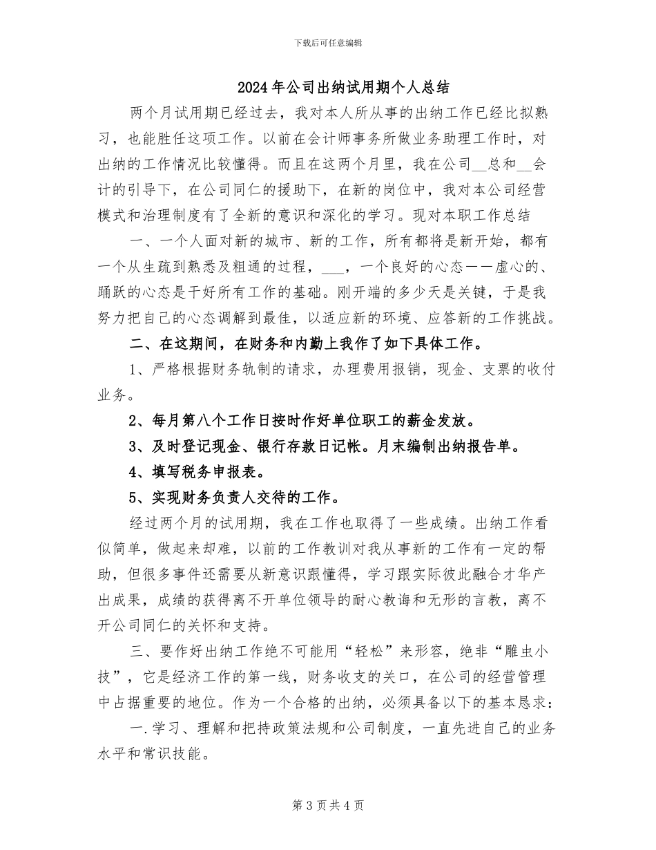 2024年公司出纳试用期个人年度总结报告_第3页
