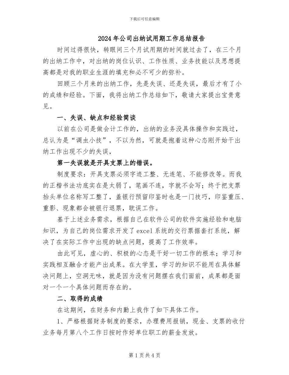 2024年公司出纳试用期工作总结报告_第1页
