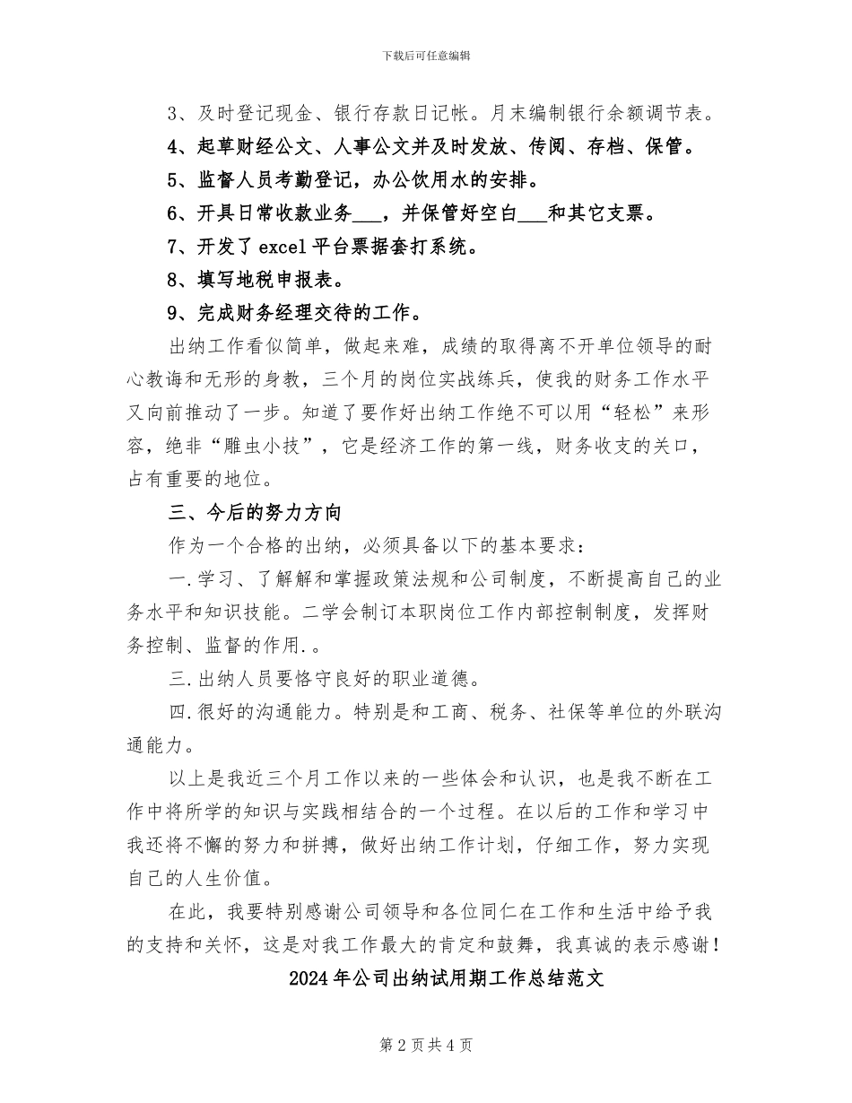 2024年公司出纳试用期工作总结报告_第2页