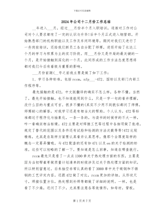 2024年公司十二月份工作总结