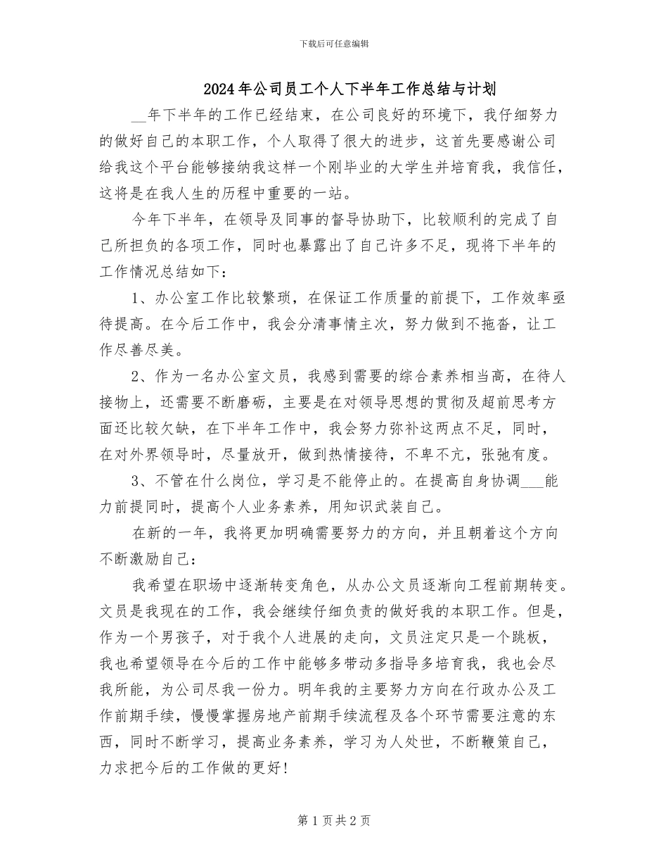 2024年公司员工个人下半年工作总结与计划_第1页
