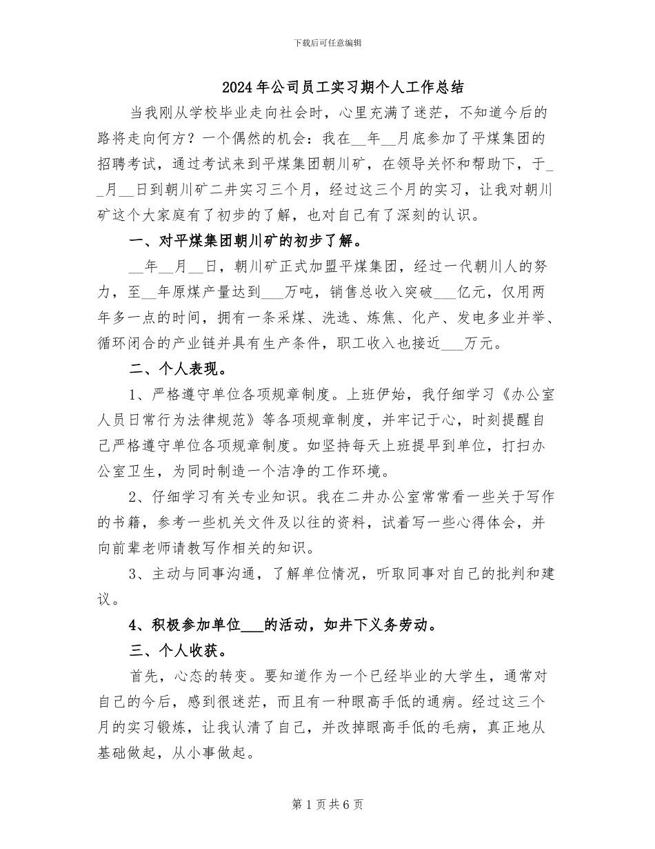 2024年公司员工实习期个人工作总结_第1页