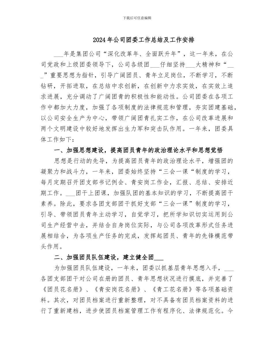 2024年公司团委工作总结及工作安排_第1页