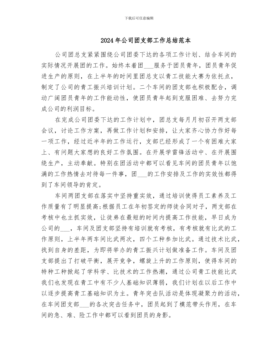 2024年公司团支部工作总结范本_第1页