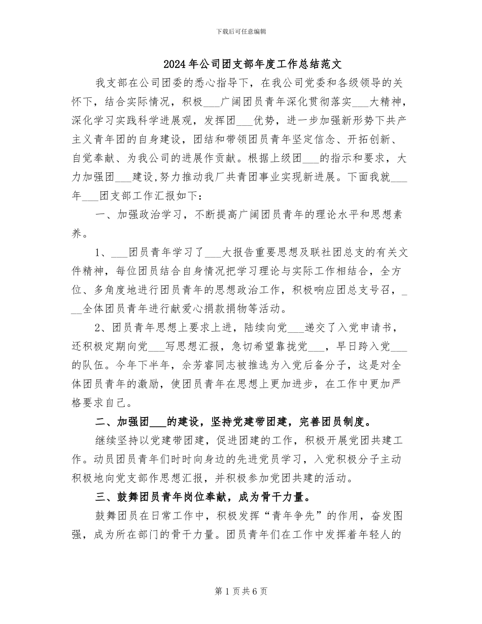 2024年公司团支部年度工作总结范文_第1页