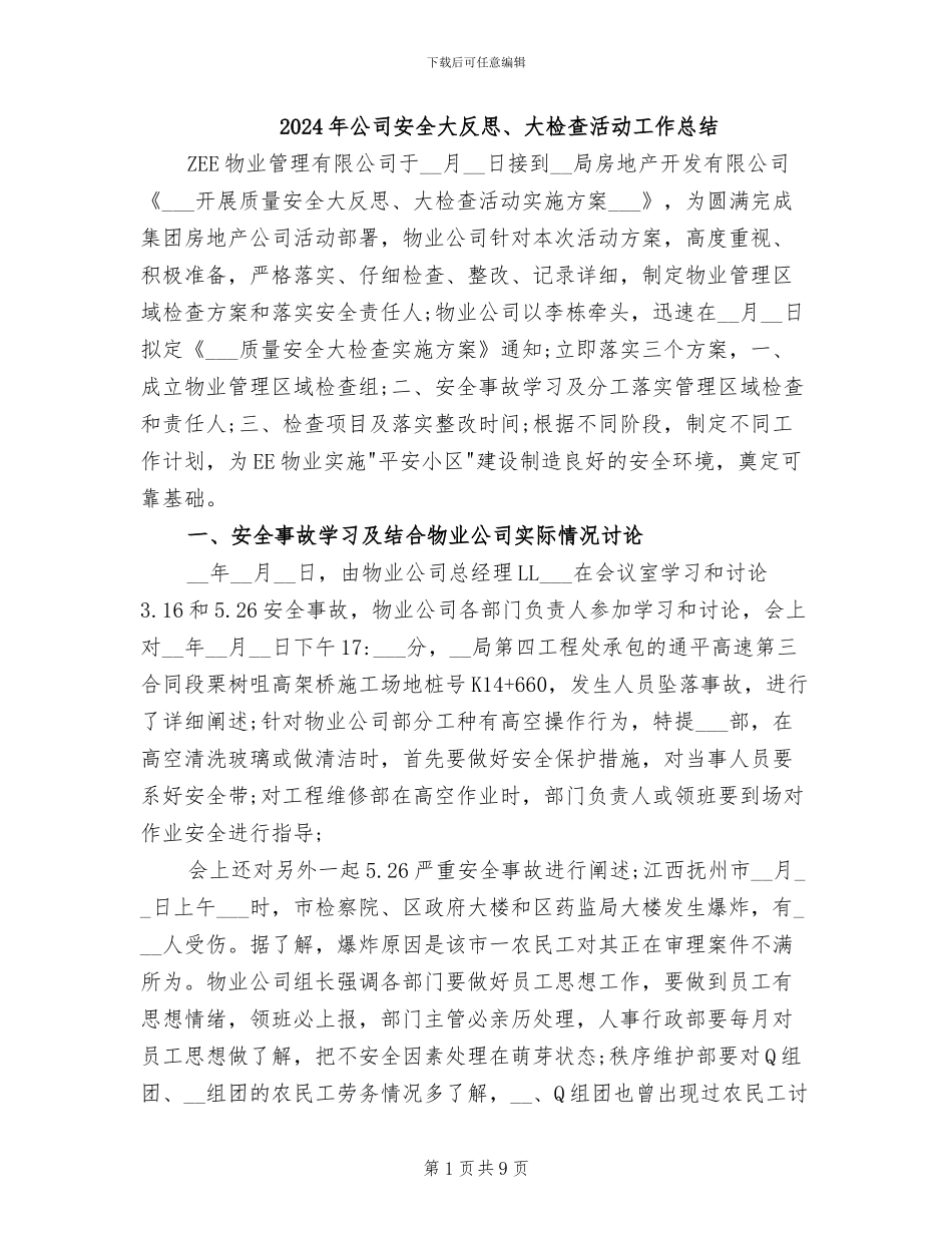 2024年公司安全大反思、大检查活动工作总结_第1页