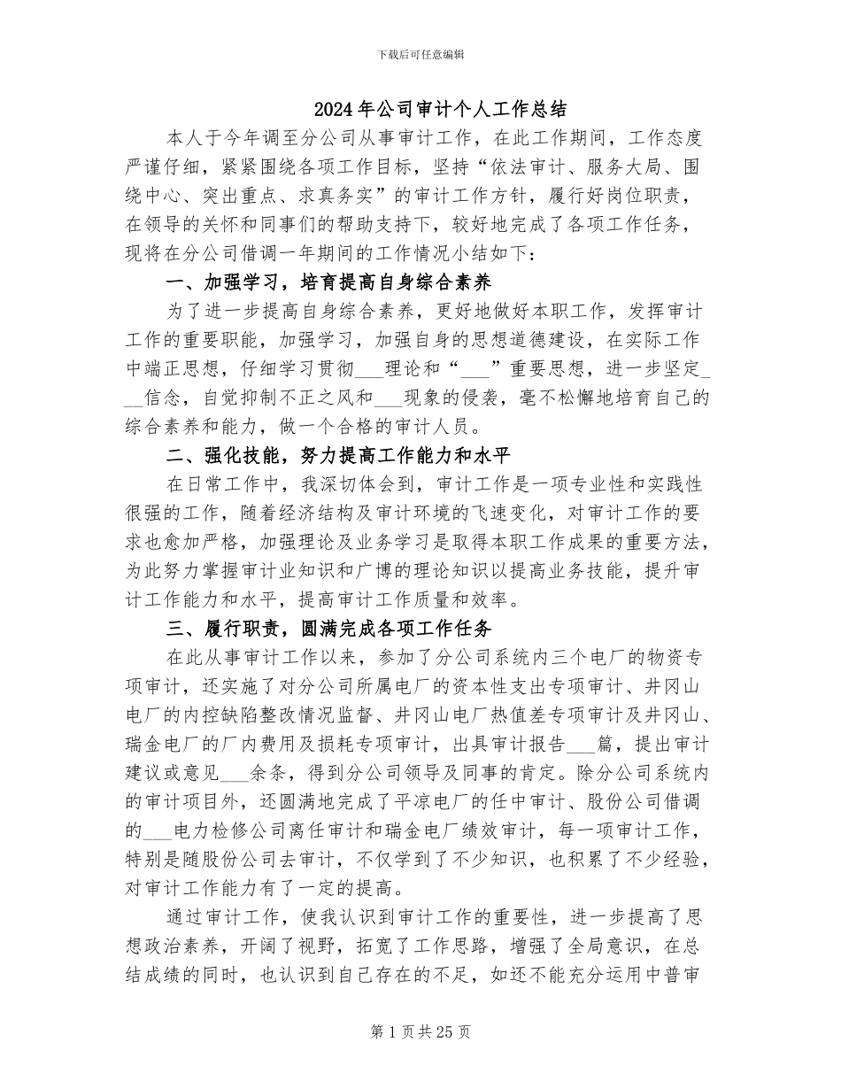 2024年公司审计个人工作总结_第1页