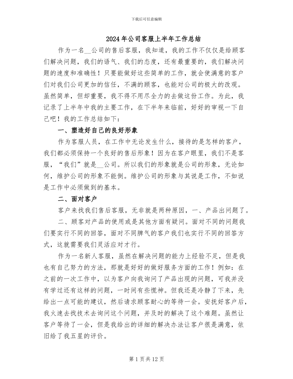 2024年公司客服上半年工作总结_第1页