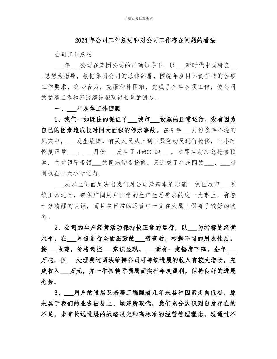2024年公司工作总结和对公司工作存在问题的看法_第1页