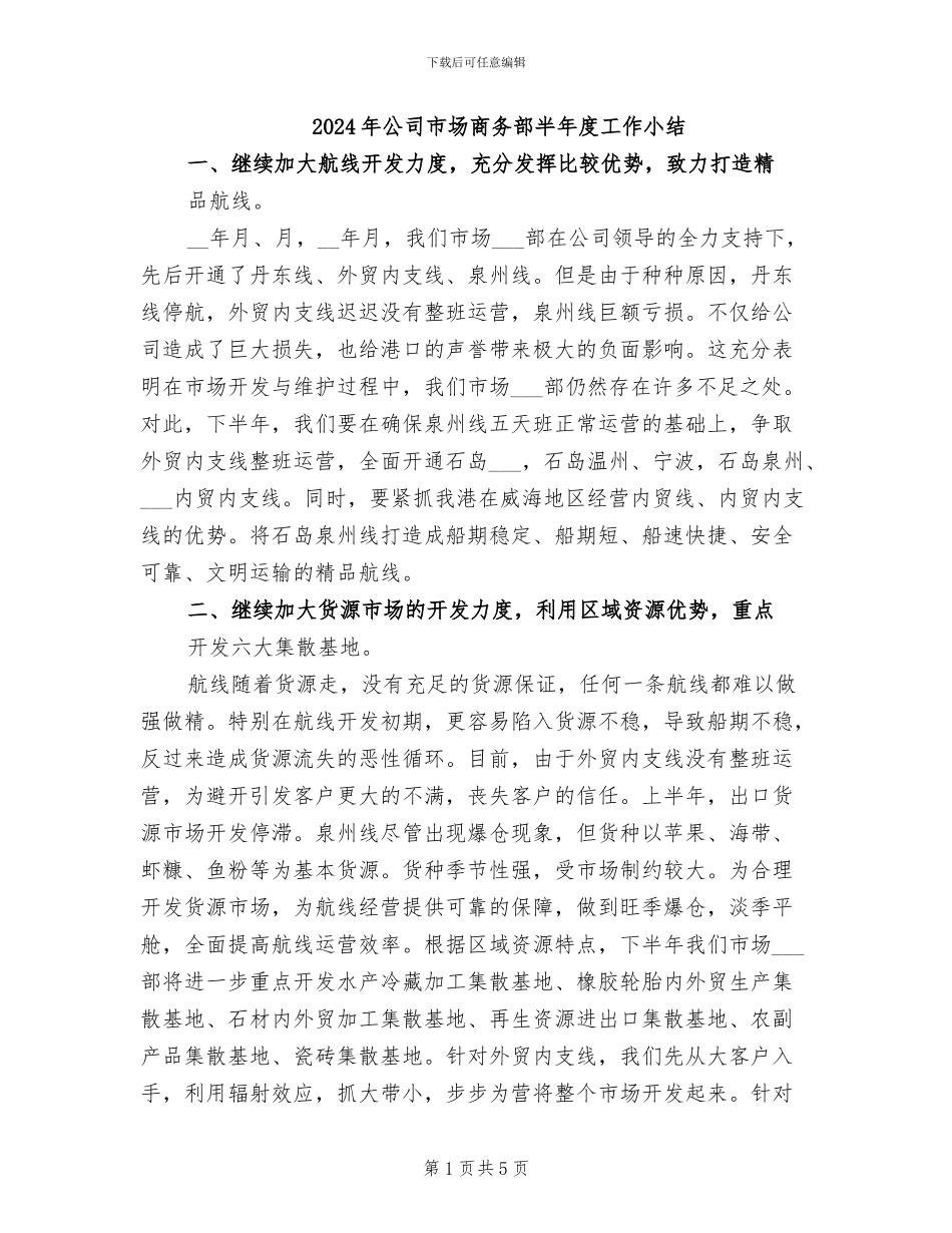 2024年公司市场商务部半年度工作小结_第1页