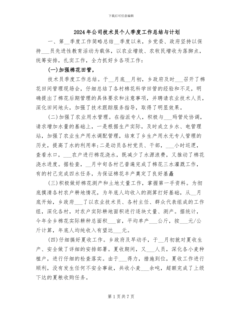 2024年公司技术员个人季度工作总结与计划_第1页
