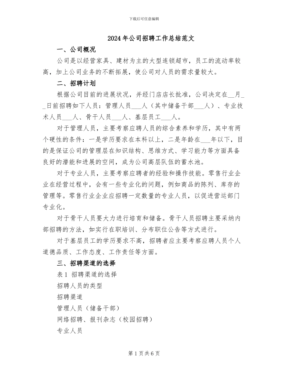 2024年公司招聘工作总结范文_第1页