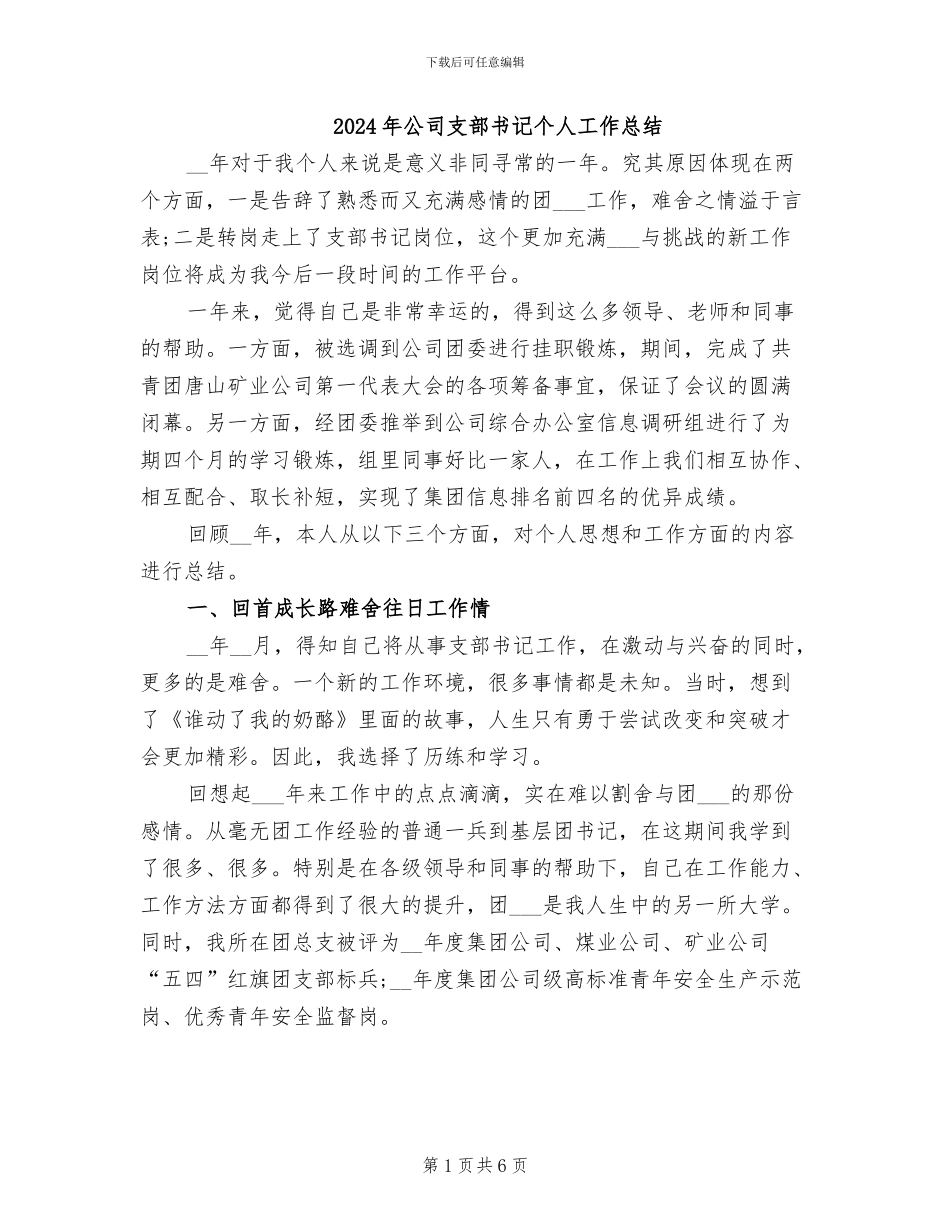 2024年公司支部书记个人工作总结_第1页
