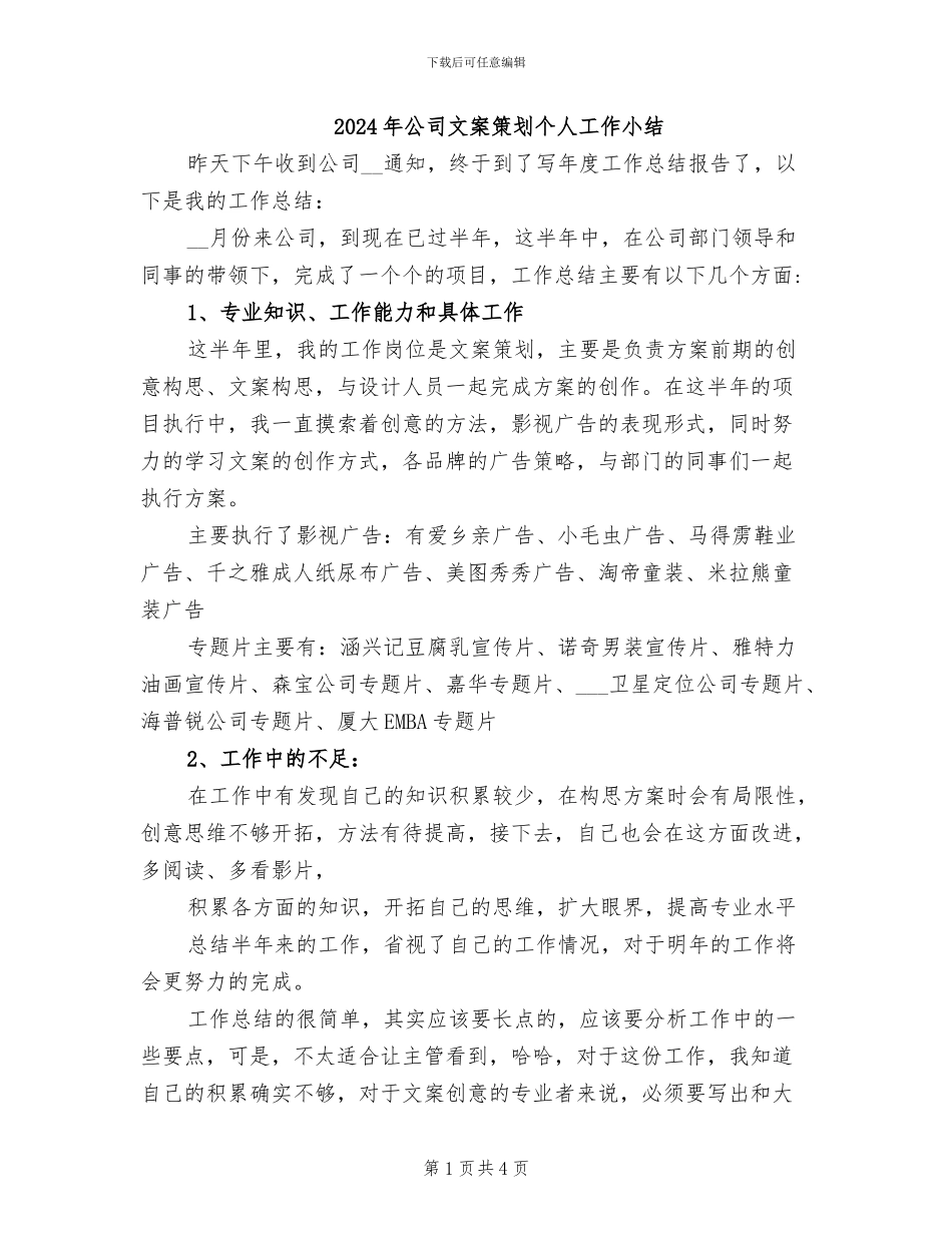 2024年公司文案策划个人工作小结_第1页