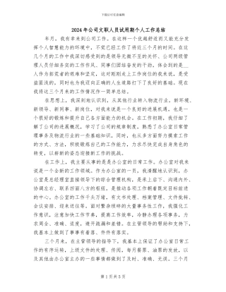 2024年公司文职人员试用期个人工作总结