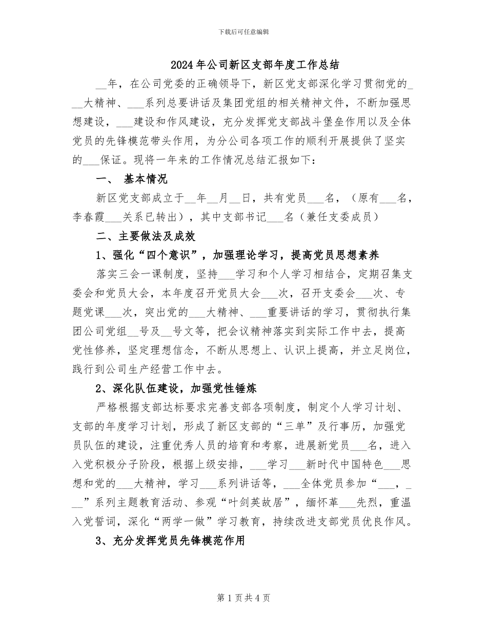 2024年公司新区支部年度工作总结_第1页