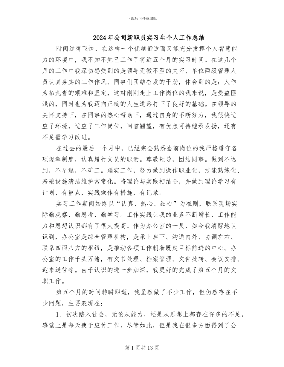 2024年公司新职员实习生个人工作总结_第1页
