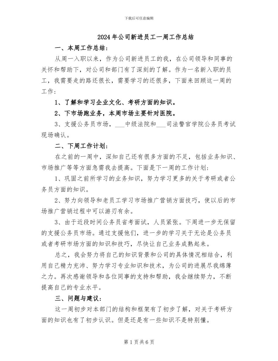 2024年公司新进员工一周工作总结_第1页