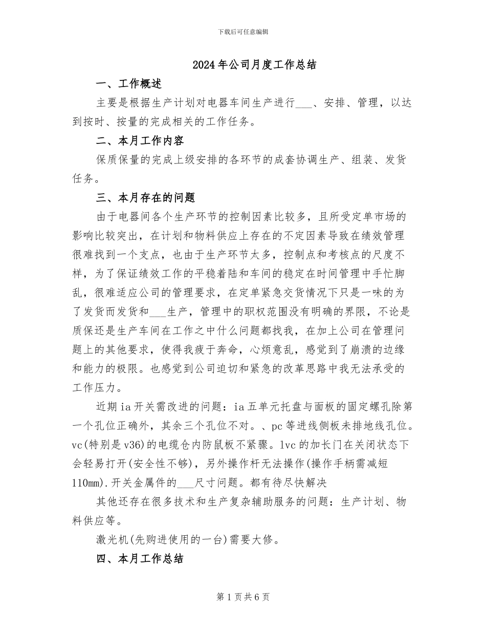 2024年公司月度工作总结_第1页