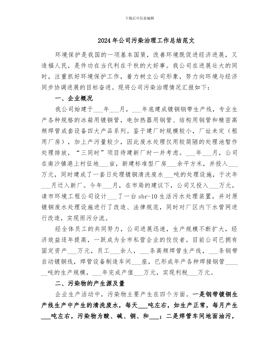 2024年公司污染治理工作总结范文_第1页