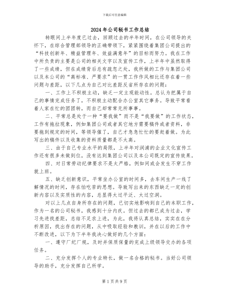 2024年公司秘书工作总结_第1页