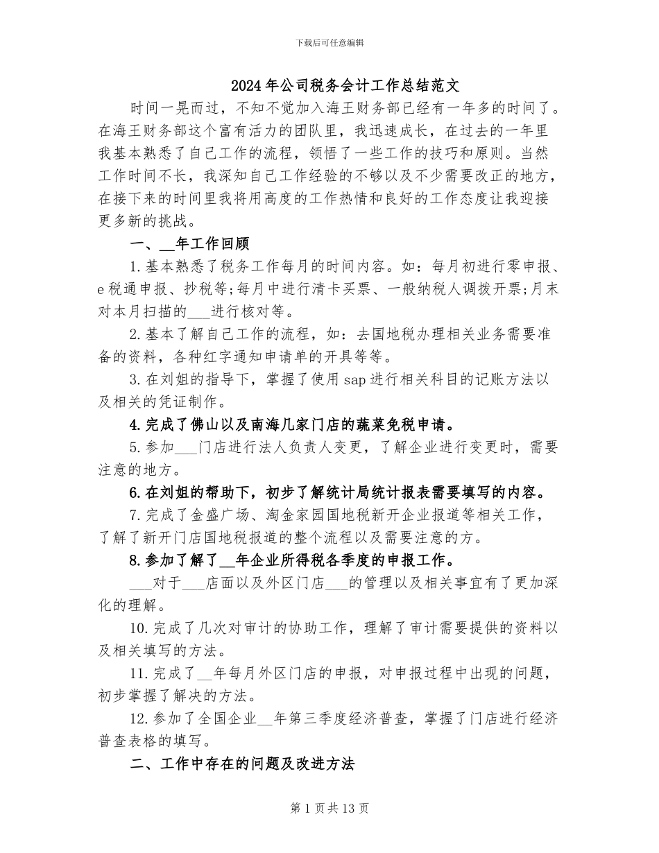 2024年公司税务会计工作总结范文_第1页