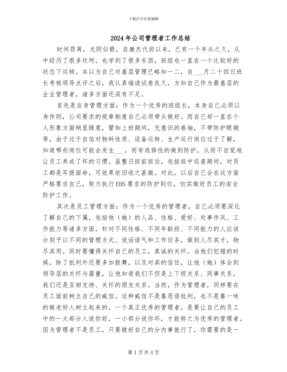 2024年公司管理者工作总结_第1页
