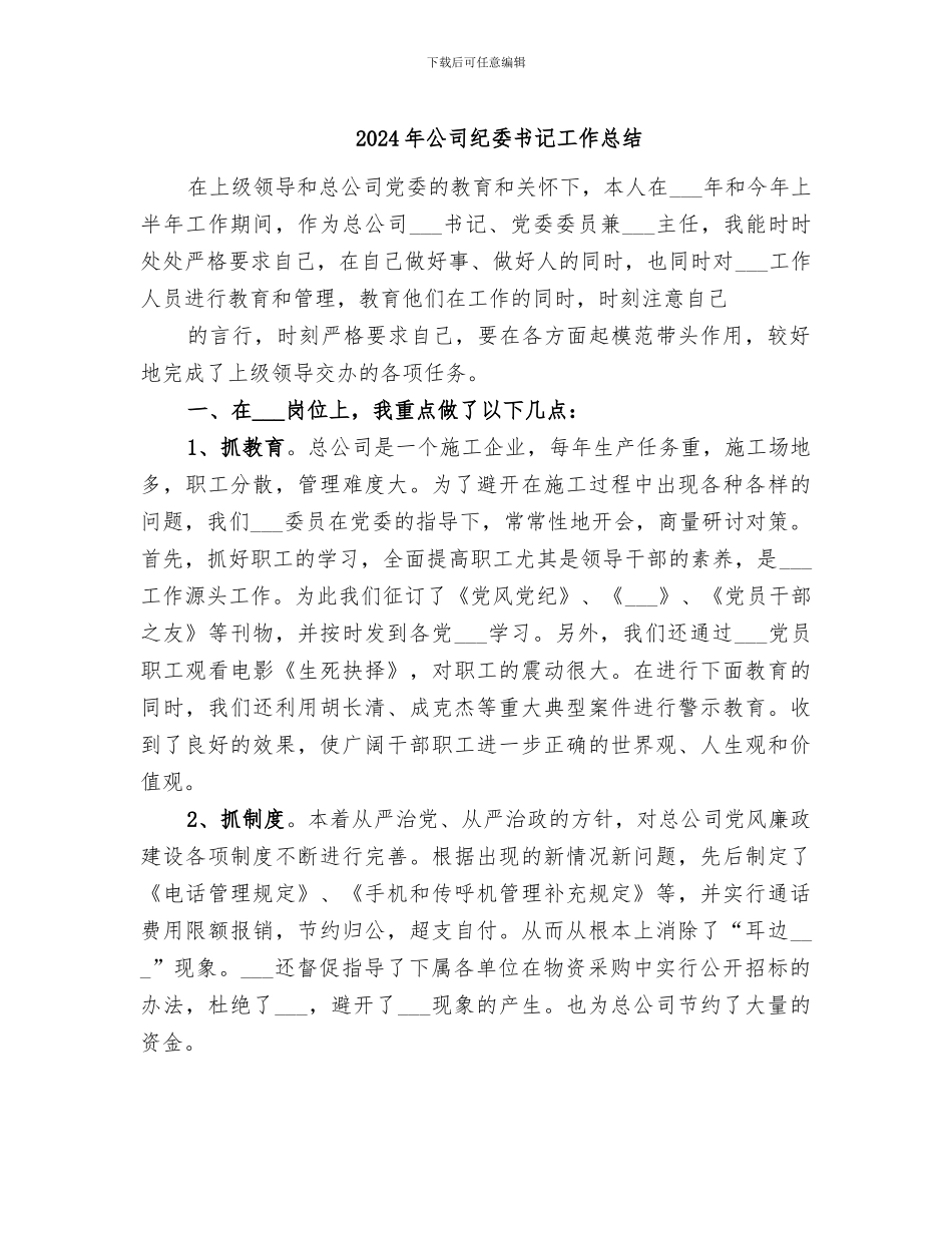 2024年公司纪委书记工作总结_第1页