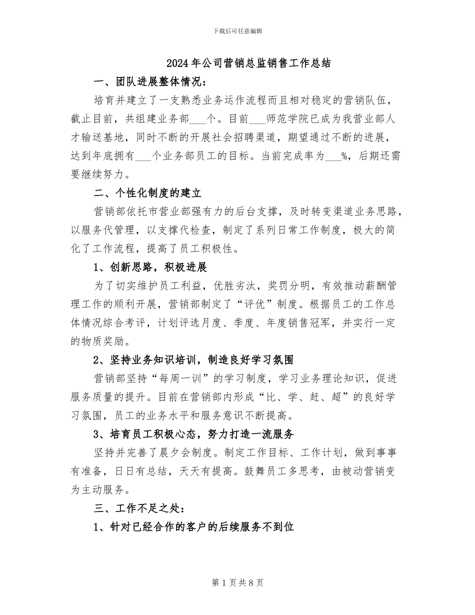 2024年公司营销总监销售工作总结_第1页