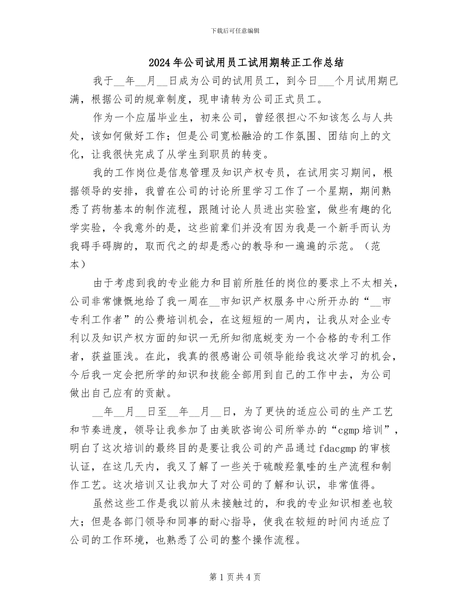 2024年公司试用员工试用期转正工作总结_第1页
