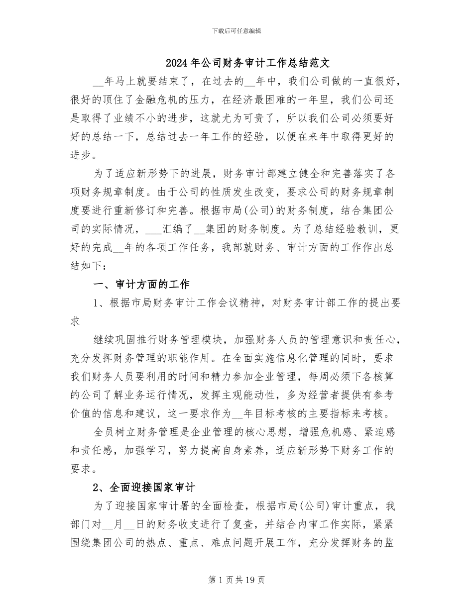 2024年公司财务审计工作总结范文_第1页