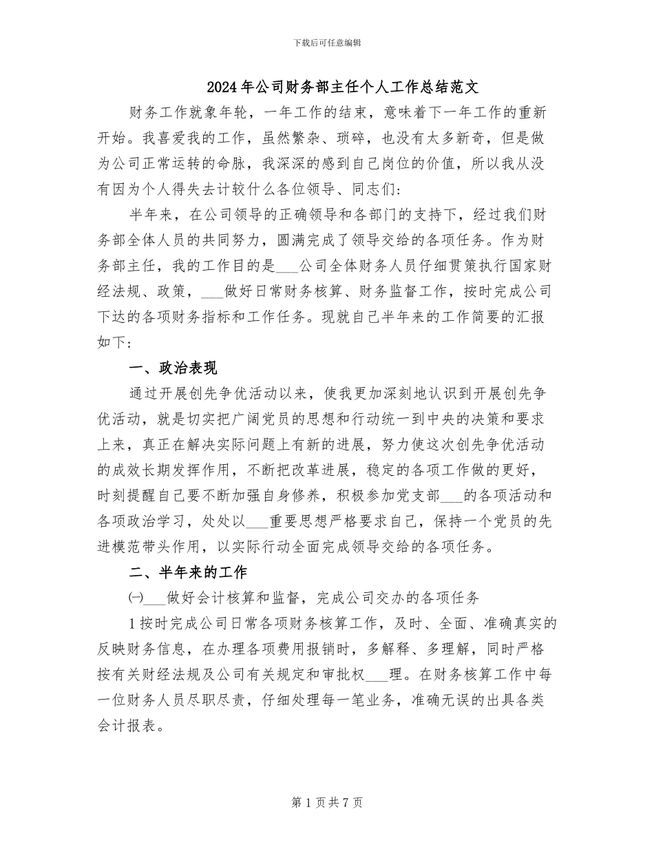 2024年公司财务部主任个人工作总结范文_第1页