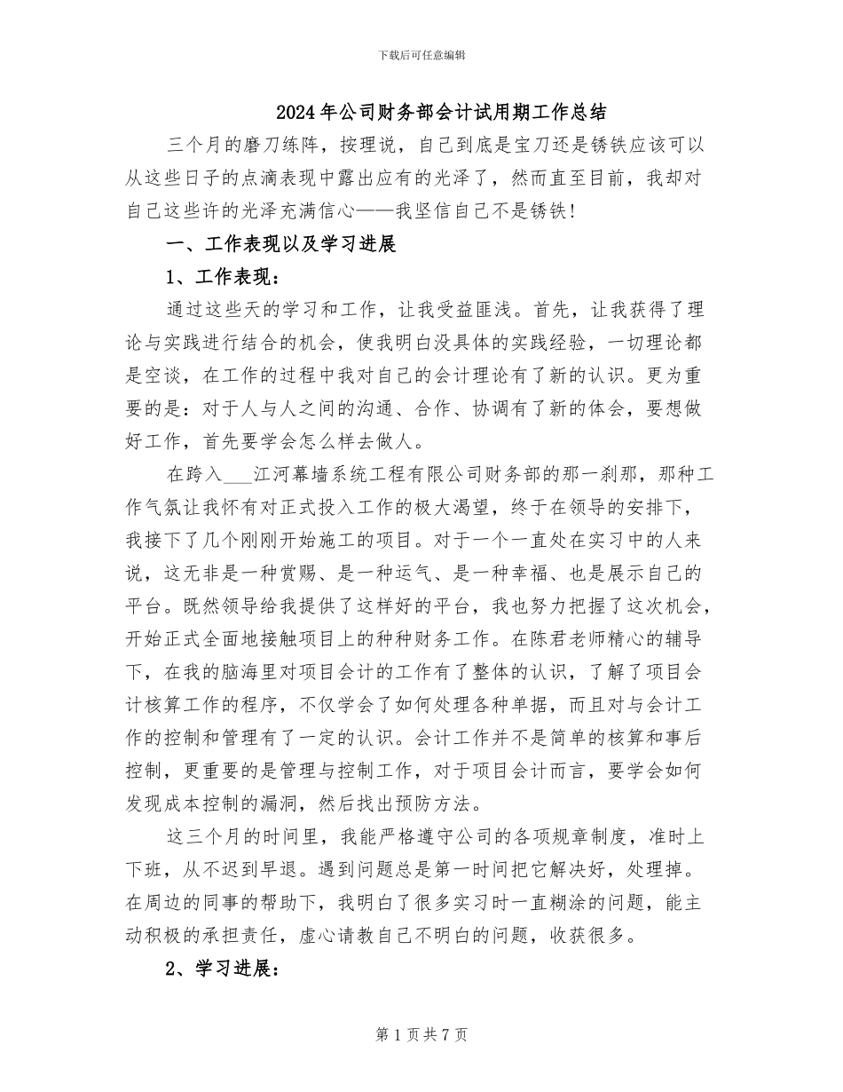 2024年公司财务部会计试用期工作总结_第1页