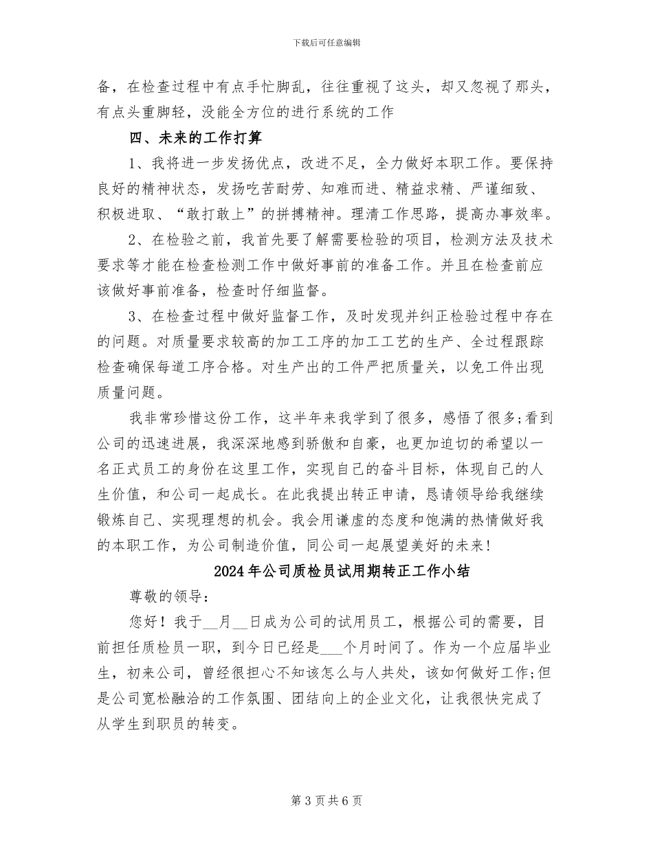 2024年公司质检员试用期转正个人工作总结_第3页