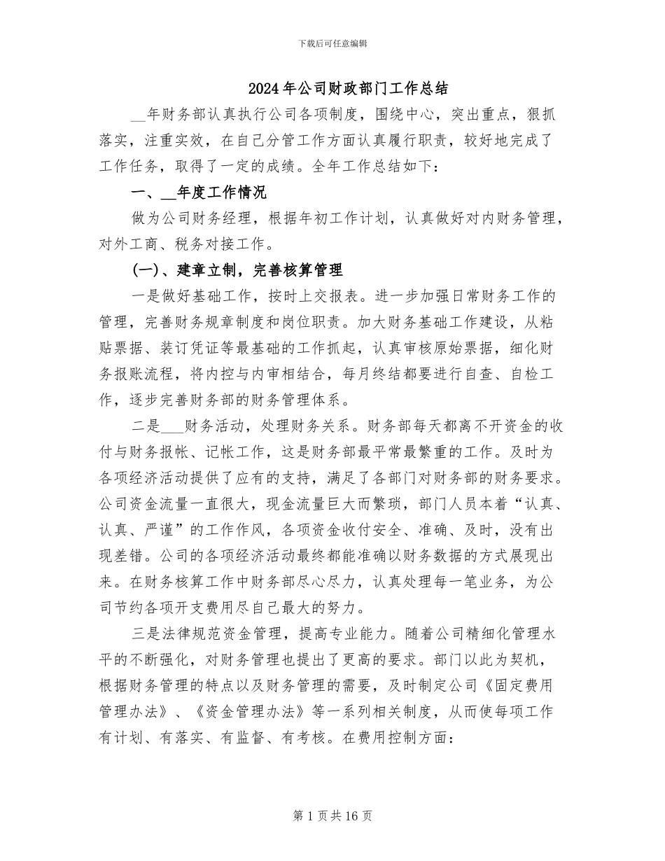 2024年公司财政部门工作总结_第1页