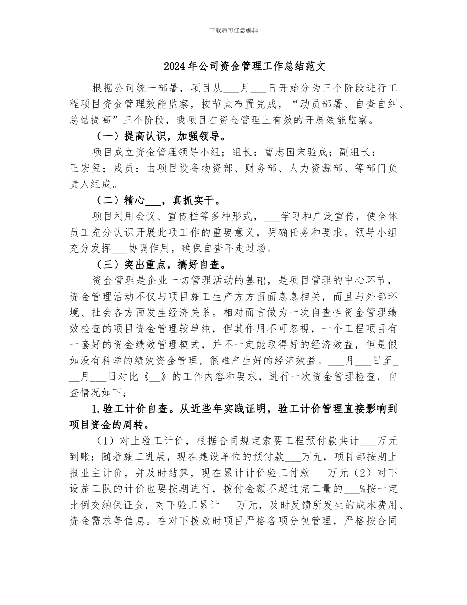 2024年公司资金管理工作总结范文_第1页