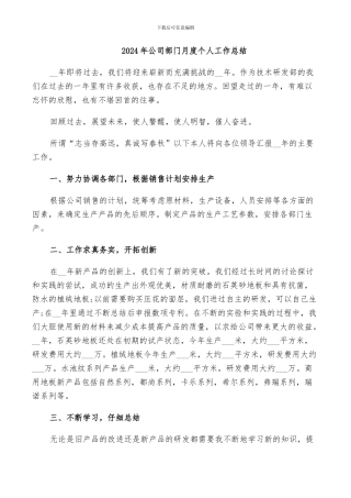 2024年公司部门月度个人工作总结