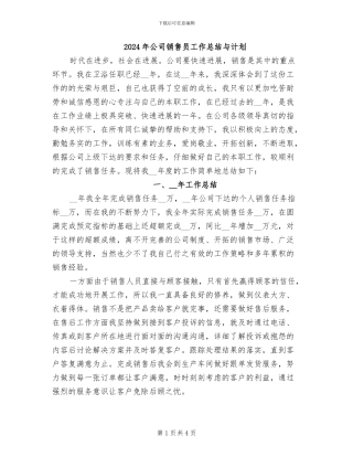 2024年公司销售员工作总结与计划