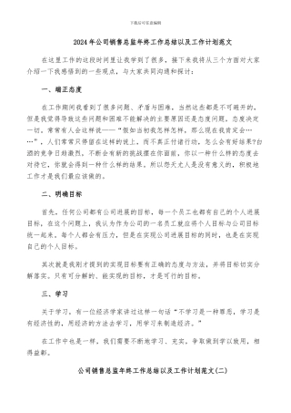 2024年公司销售总监年终工作总结以及工作计划范文