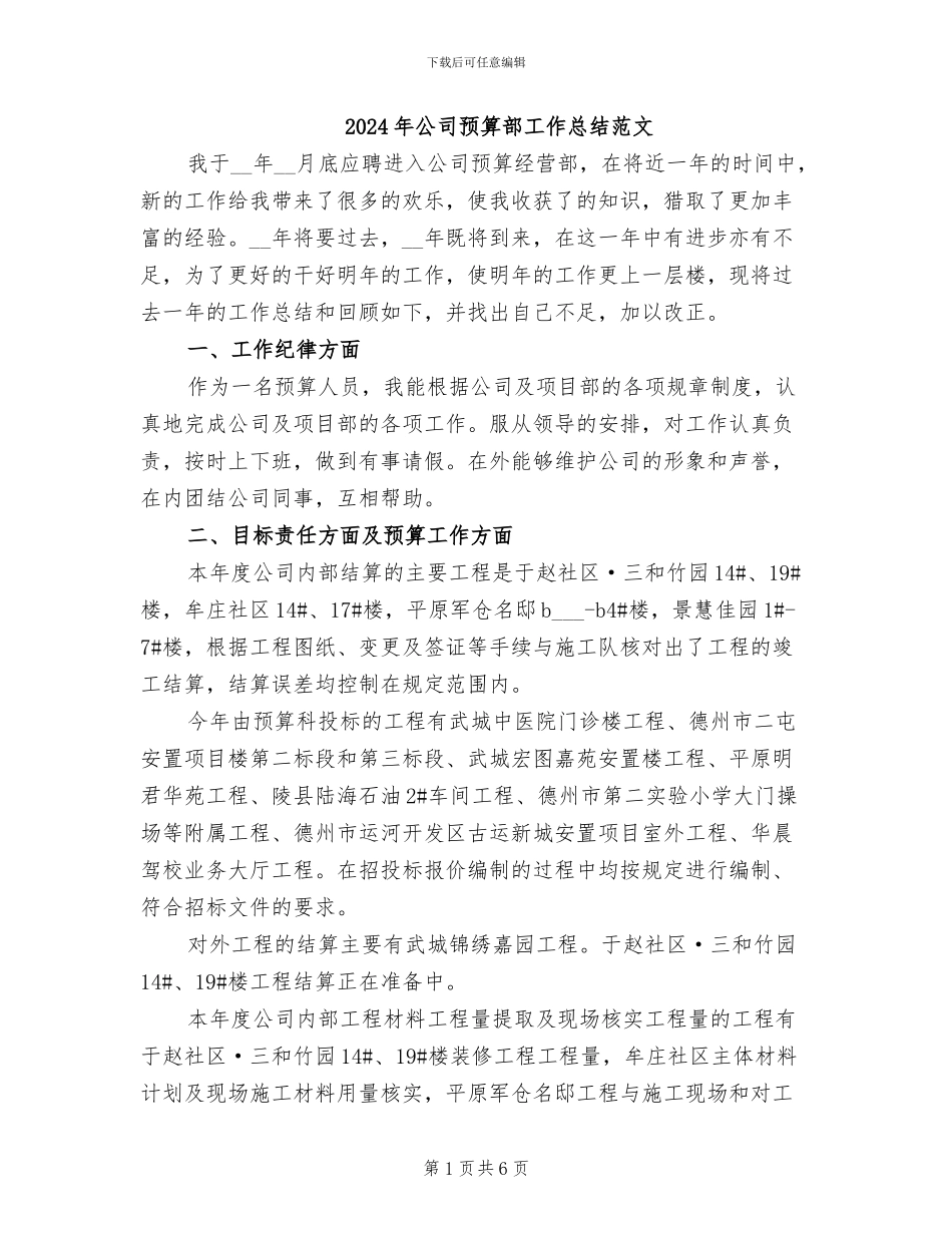 2024年公司预算部工作总结范文_第1页