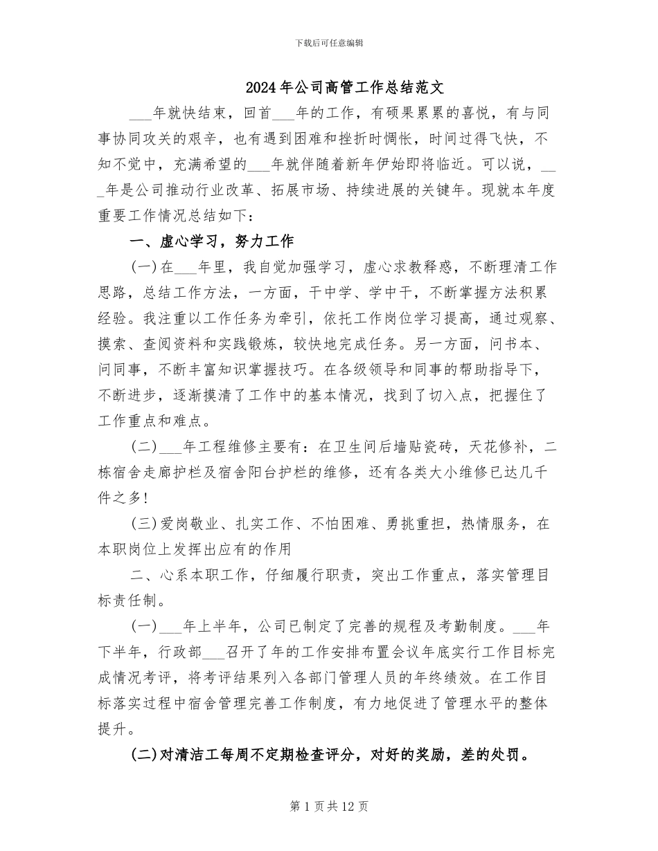 2024年公司高管工作总结范文_第1页