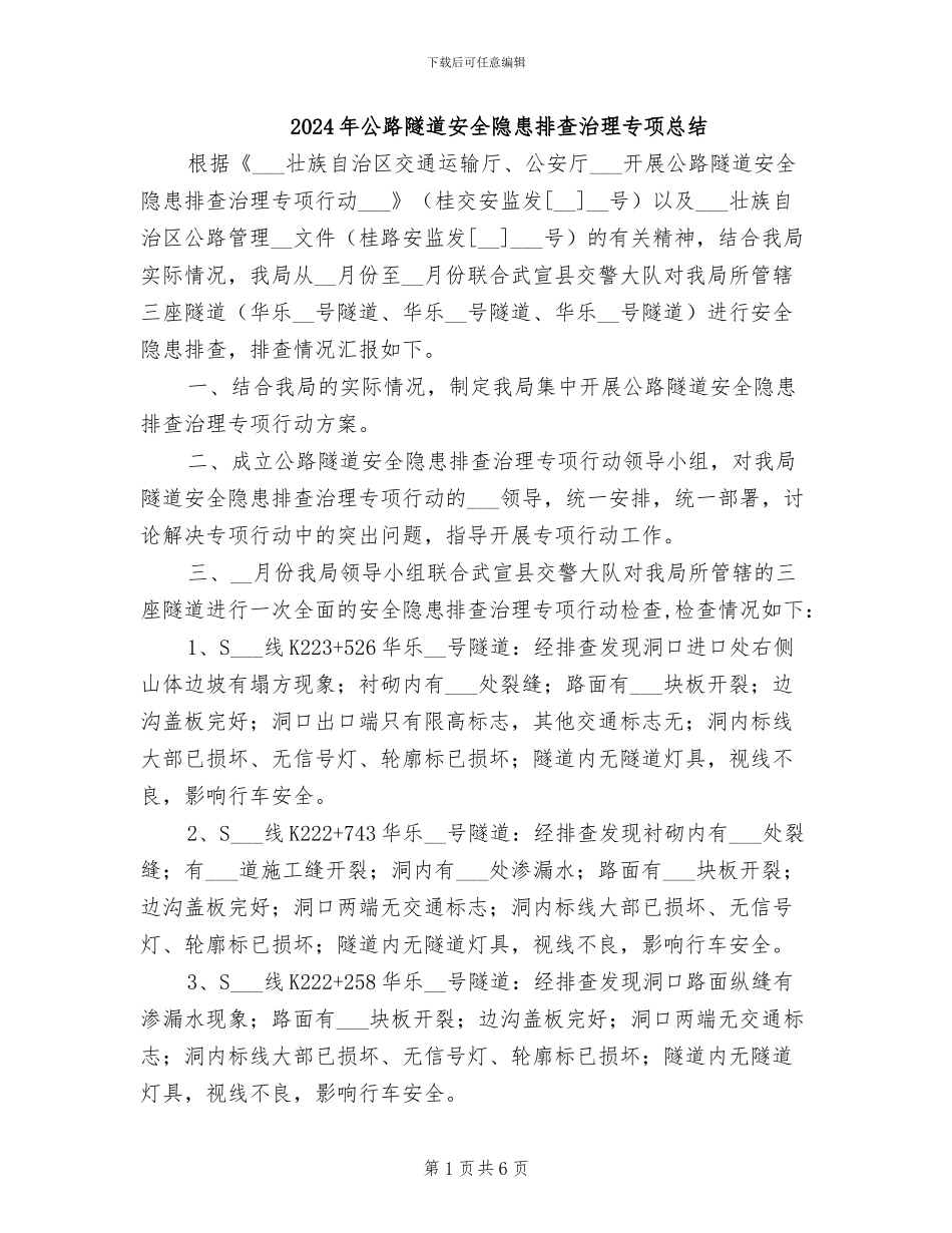 2024年公路隧道安全隐患排查治理专项总结_第1页