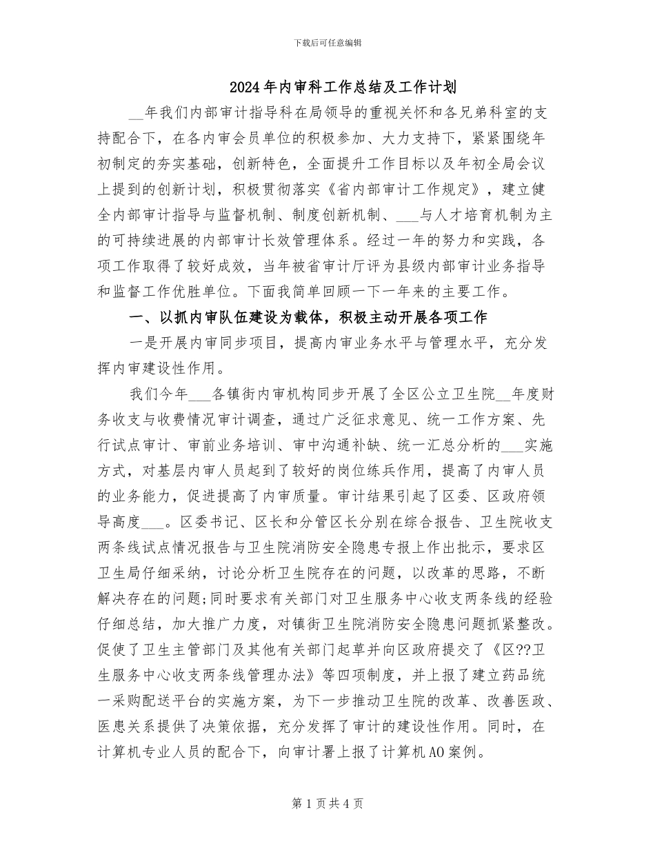 2024年内审科工作总结及工作计划_第1页
