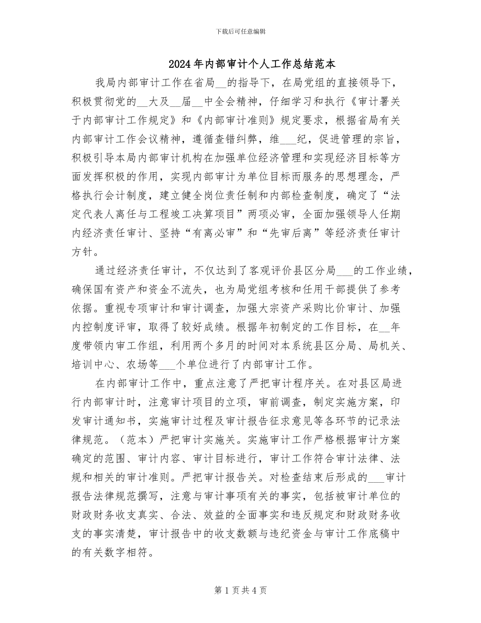 2024年内部审计个人工作总结范本_第1页