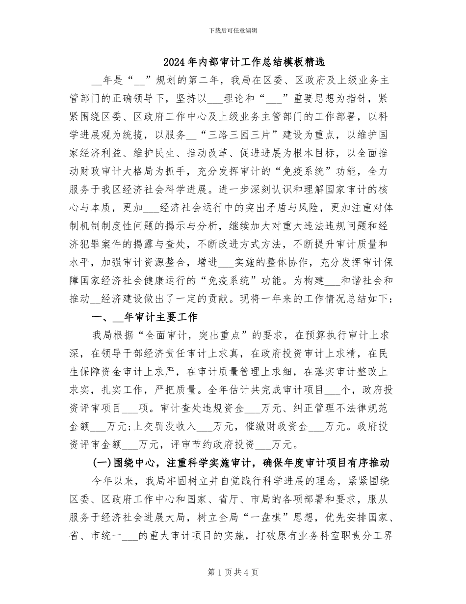 2024年内部审计工作总结模板精选_第1页