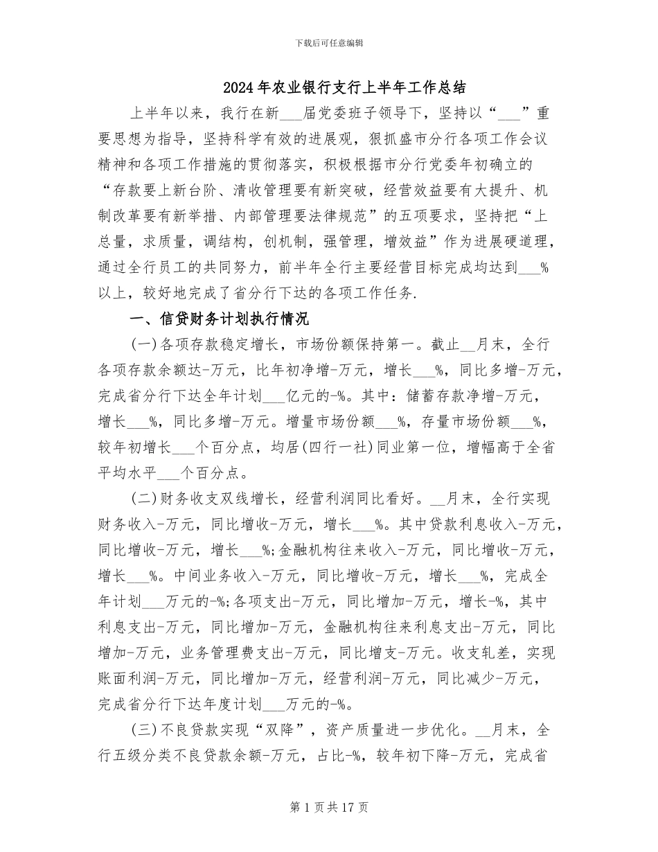 2024年农业银行支行上半年工作总结_第1页