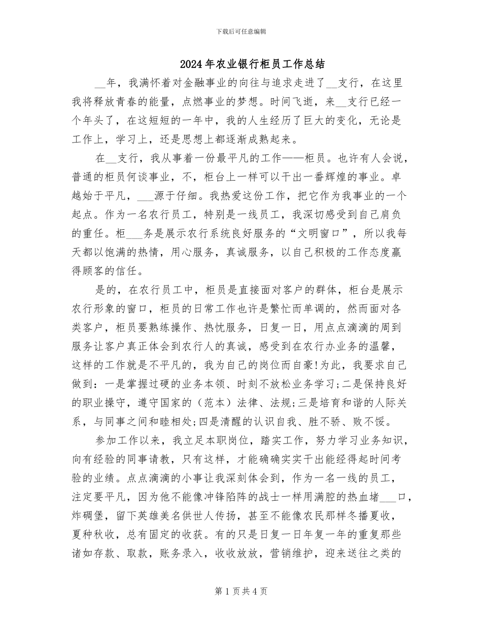 2024年农业银行柜员工作总结_第1页