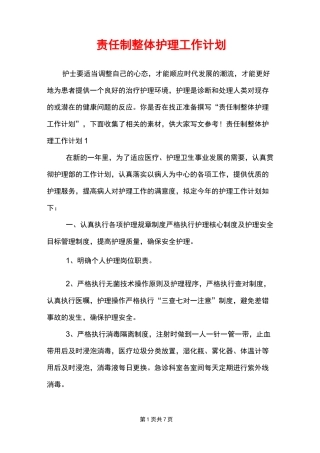 责任制整体护理工作计划